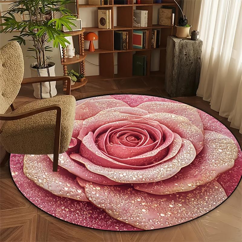 Elegant Pink Rose Round Rug with Dewdrops Non-Slip Machine Washable Floor Mat 2D Flat Aesthetic Floral Carpet for Bedroom Girls Room