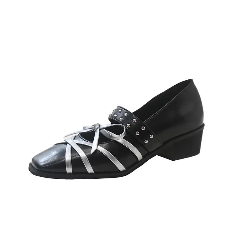 

Весна Осень Новые панк-стиль Толстые высокие каблуки Квадратный носок Неглубокий бант Перекрещенные заклепки Натуральная кожа Женские современные туфли-лодочки 35 чёрный
