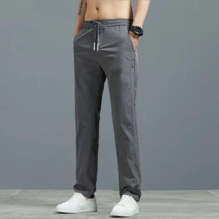 Ice silk casual pants men's summer straight loose large size slim-fit sports trousers high waist and thin