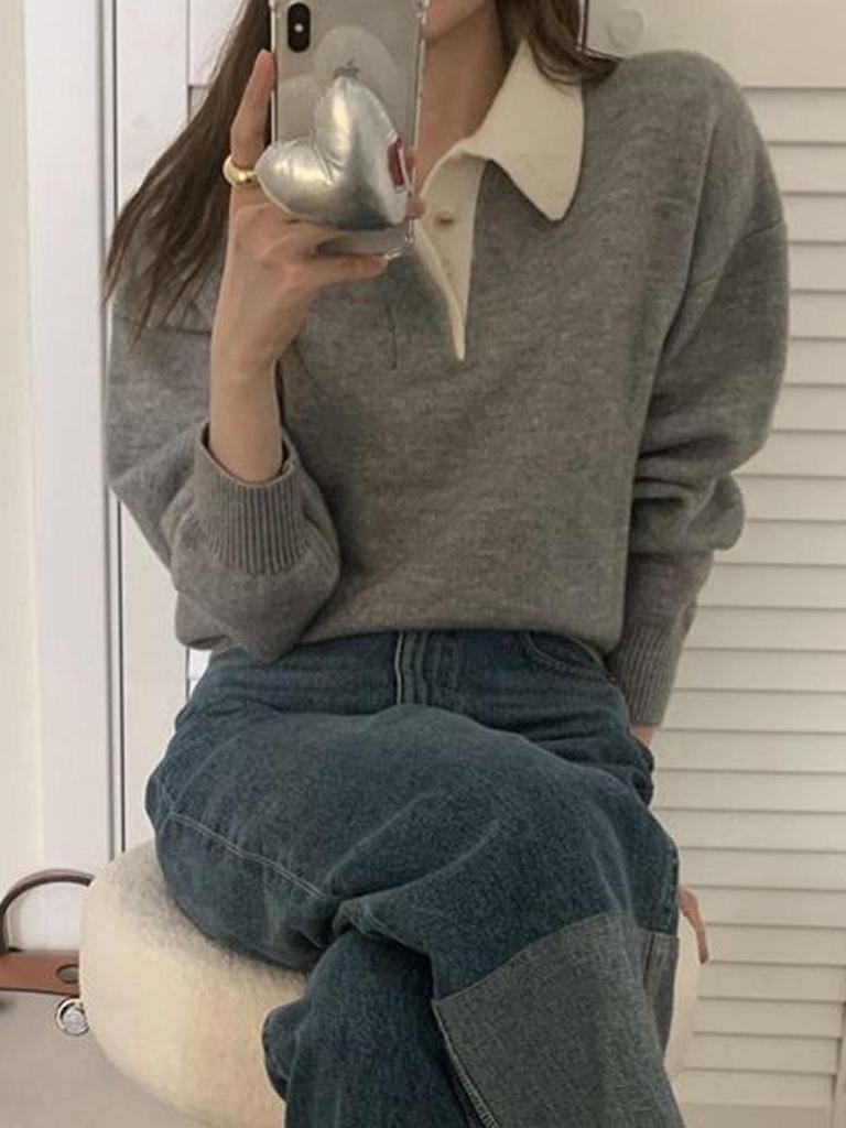 Women's Blue Cross-Color Knit Sweater - Autumn/Winter Korean Style Long Sleeve Short Top