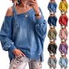 Lässiges lockeres Damen-Denim-Oberteil mit langen Ärmeln, asymmetrischem Ausschnitt und einem Schulterträger für den Alltag