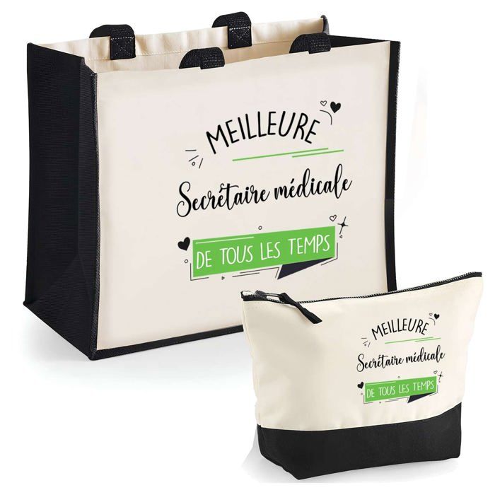 Duo cabas jute et trousse Secrétaire Médicale meilleure de tous Cadeau Anniversaire Noël | Sac courses Pochette Maquillage Shopping