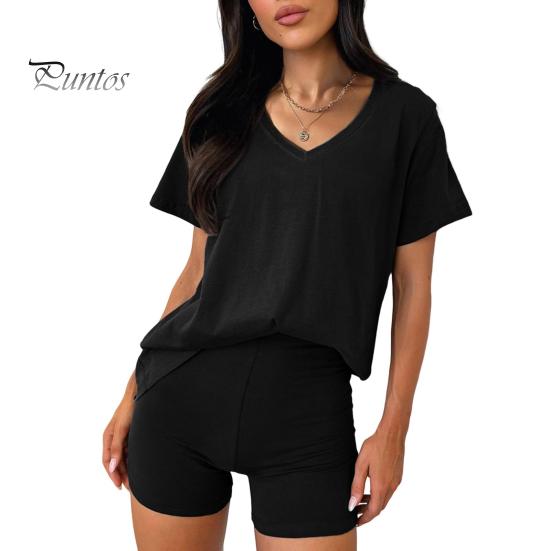 

2 шт./комплект женский футболка шорты комплект костюм V-образный вырез короткий рукав однотонный свободный топ высокая талия мини шорты спортивный наряд повседневный спортивный костюм M чёрный