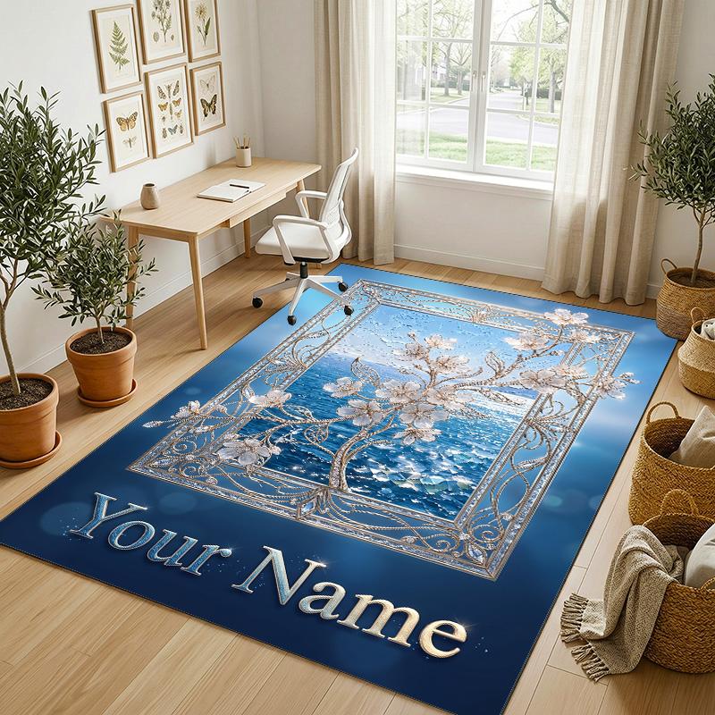 Floral Garden Theme Crystal Velvet Rug Personalized Custom Name Text Soft Floor Mat Home Decor