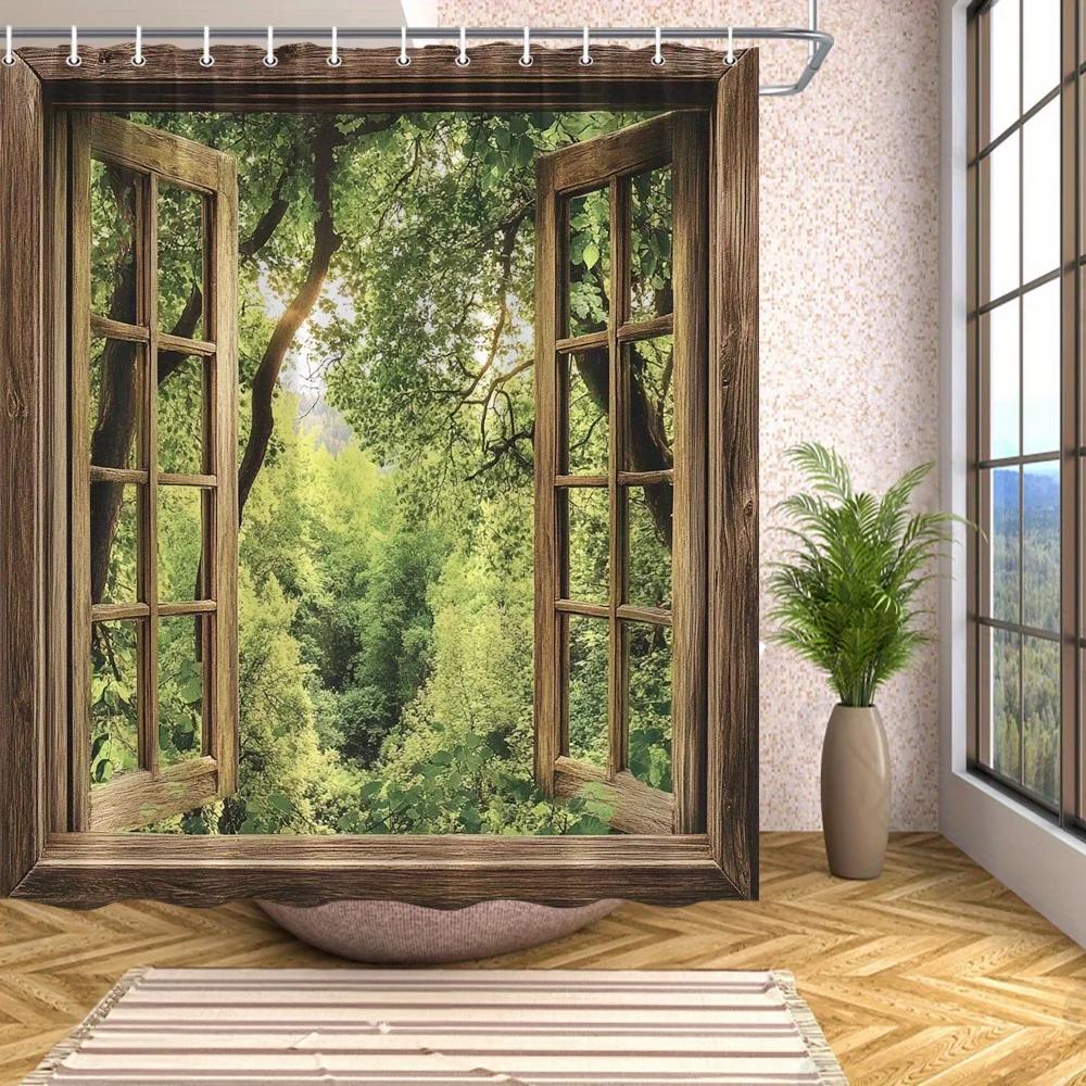 Scenic Shower Curtain Window Forest Green Tree Spring Natural Landscape Decoration Bathroom Curtain Polyester Patio Decoration W90xH180cm