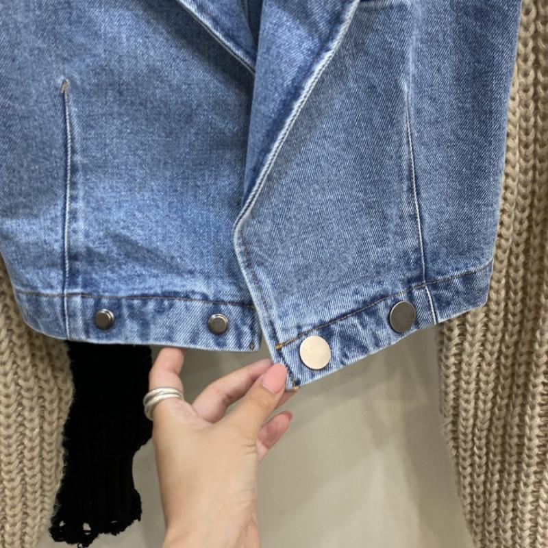 Spliced Denim Jacket Women  Autumn Winter New Long Sleeve Loose Jackets Vintage Casual Turn Down Collar Short Coats