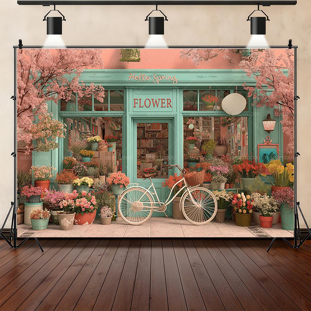 Romantische Blumenladen-Straßenecke-Thema Hintergrund Geburtstagsfeier Dekoration Fotostudio Aufnahme Requisiten Sofa Nachttisch Hintergrund