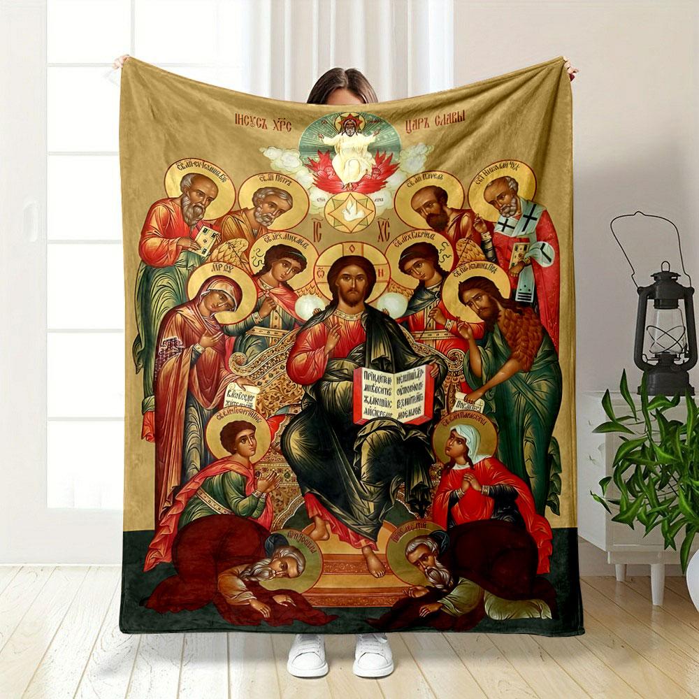 A Central Seated Figure Surrounded by Halos, Angels, and Ornate Designs. for All Seasons Blanket Lunch Break Throw Gift