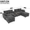 Modułowa sofa narożna 6-osobowa w kształcie U/L, 2 pufy ze schowkiem, konsola z półką, schowkiem i uchwytami na kubki, USB i Type-C, szenil, Szary