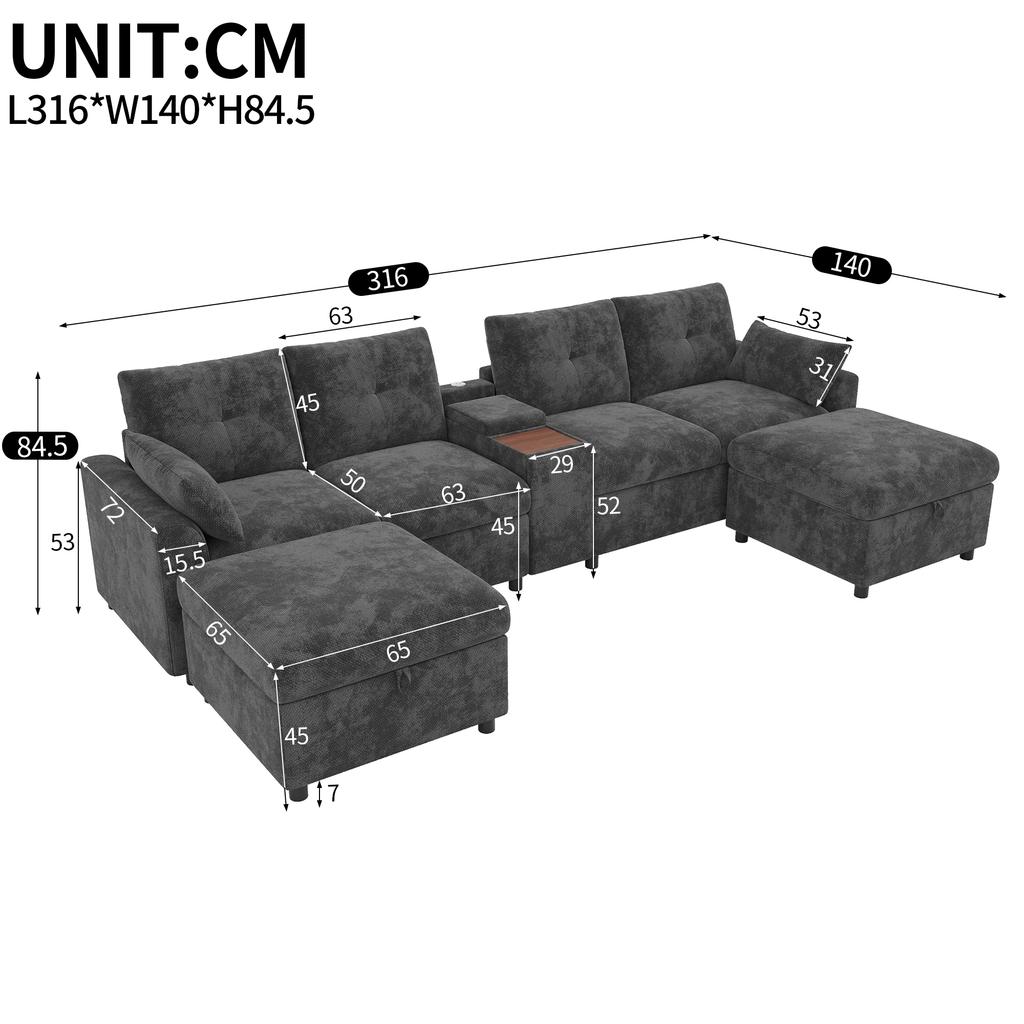 Modułowa sofa narożna 6-osobowa w kształcie U/L, 2 pufy ze schowkiem, konsola z półką, schowkiem i uchwytami na kubki, USB i Type-C, szenil, Szary