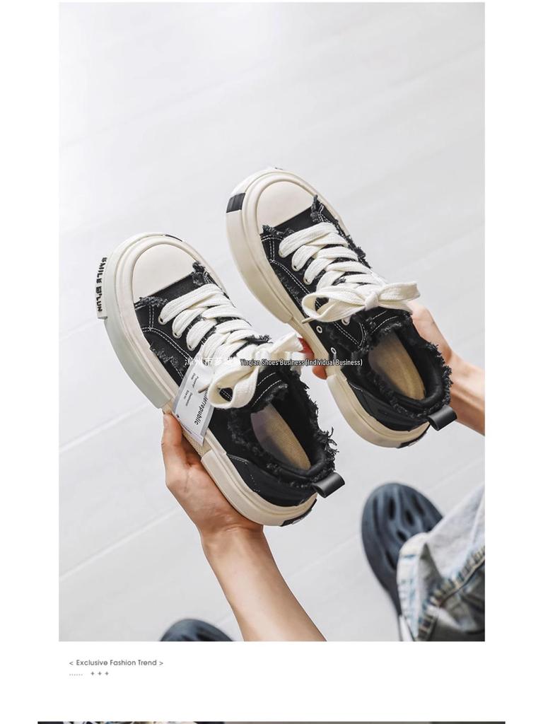 Herren Schwarze Sommer Canvas Plateau Sneaker: Atmungsaktive, höhenerhöhende, lässige Schuhe im amerikanischen Stil für Studenten