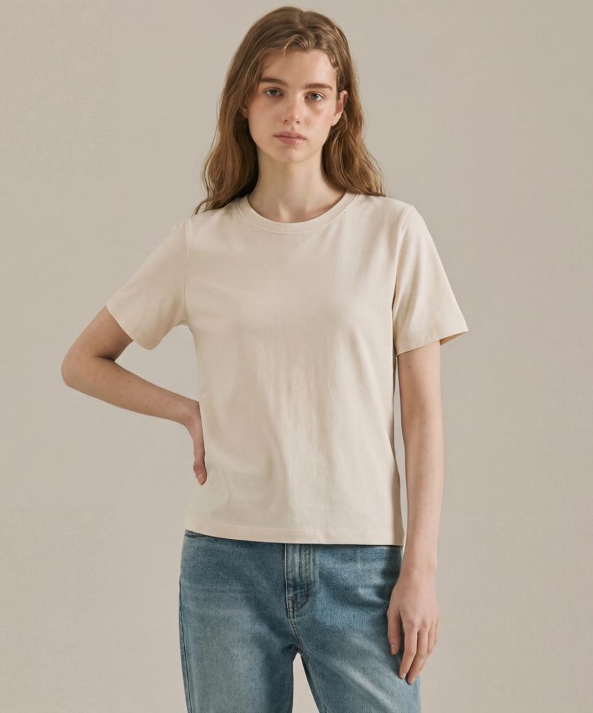 BASIC HOUSE Women'S Premium 40-Count Round Neck Short Sleeve T-Shirt Cream Lats0211