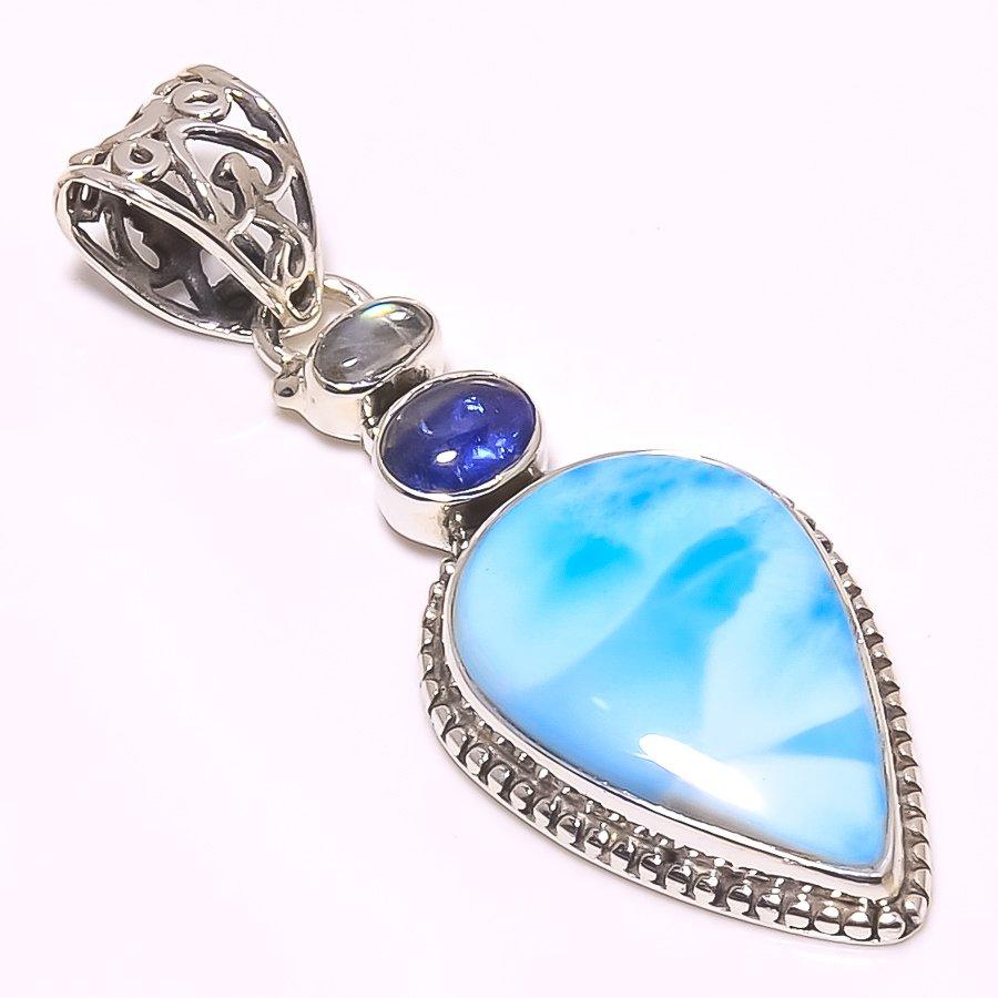 Natural Republic Larimar, Pierre de Lune Argent Sterling Massif 925 Pendentif 1,81" b0w63