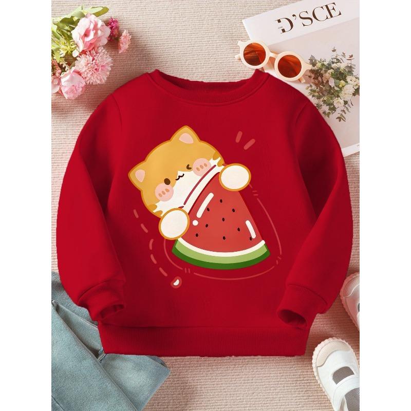 Cotton Kids Sweatshirt Loose-Fit Crew Neck Sweatshirt with Orange Cat & Watermelon Print , Spring/Autumn Casual Attire, Machine Washable