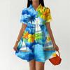 Women Casual Loose Fit Button Front Shirt Dress Hawaiian Print Short Sleeve Collared Summer Dress