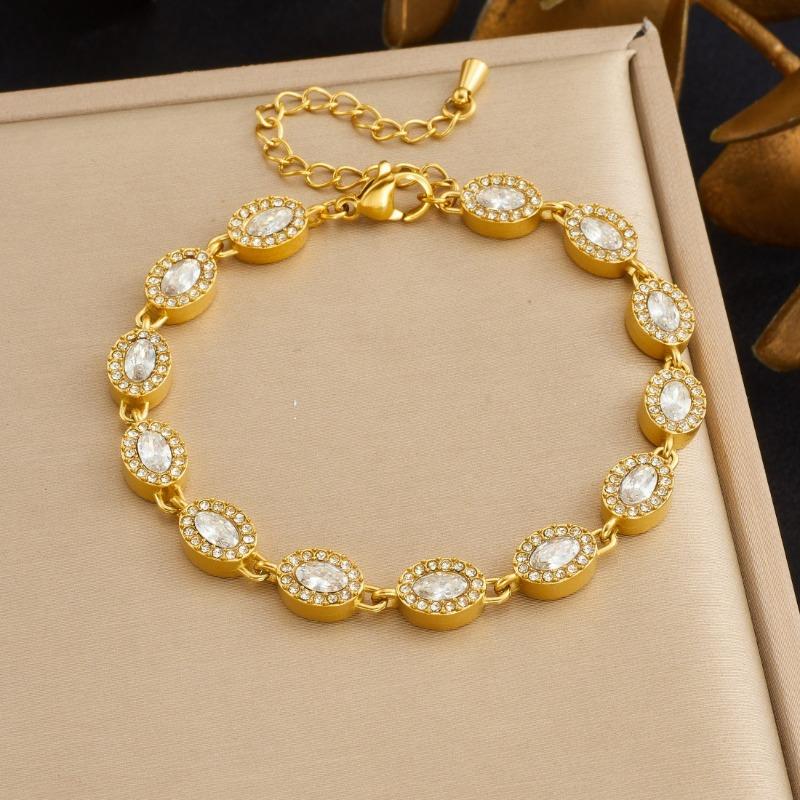 Gold Plated Stainless Steel Rainbow CZ Heart Tennis Bracelet for Women