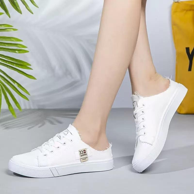 Canvas shoes female students spring new semi-drag lazy one pedal versatile breathable large size white shoes board shoes