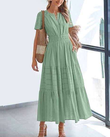 2026 Spring and Summer European and American Women's Fashion V-neck Pleated Bubble Sleeves Layered Pendulum Dress Women