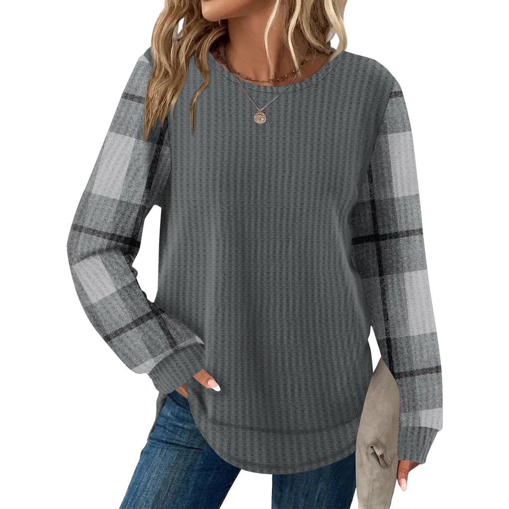 Damrutig tryck rund hals långärmad ledig lös topp