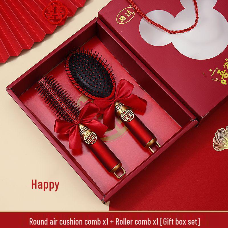 Mitgift der chinesischen Braut: Roter Luftkissen-Kamm-Set - Flauschiger Airbag, Ein Paar mit Geschenkbox für Hochzeiten