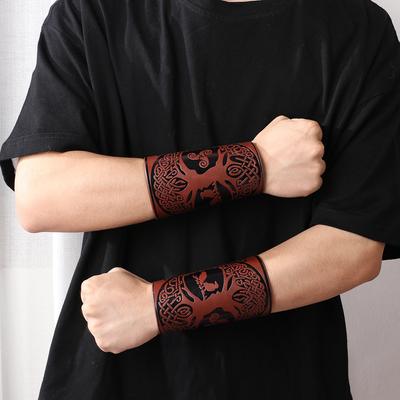 Pulseira larga de couro punk, armadura de braço, protetor de pulso, padrão de cabeça de corvo e ovelha, braçadeira larga