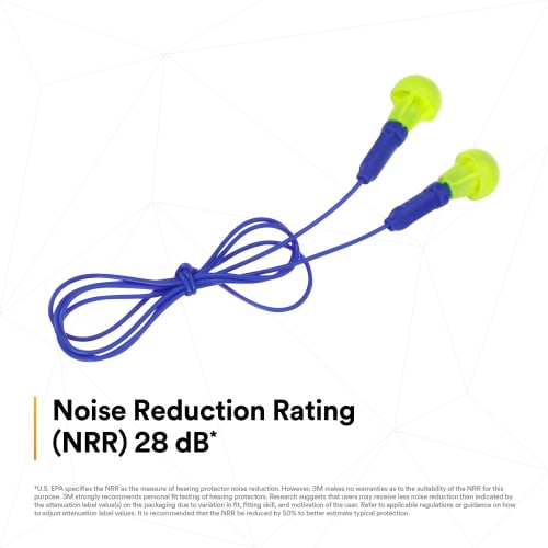 3M E.A.R Push-Ins Earplugs, Corded, 28NRR, Yellow/Blue