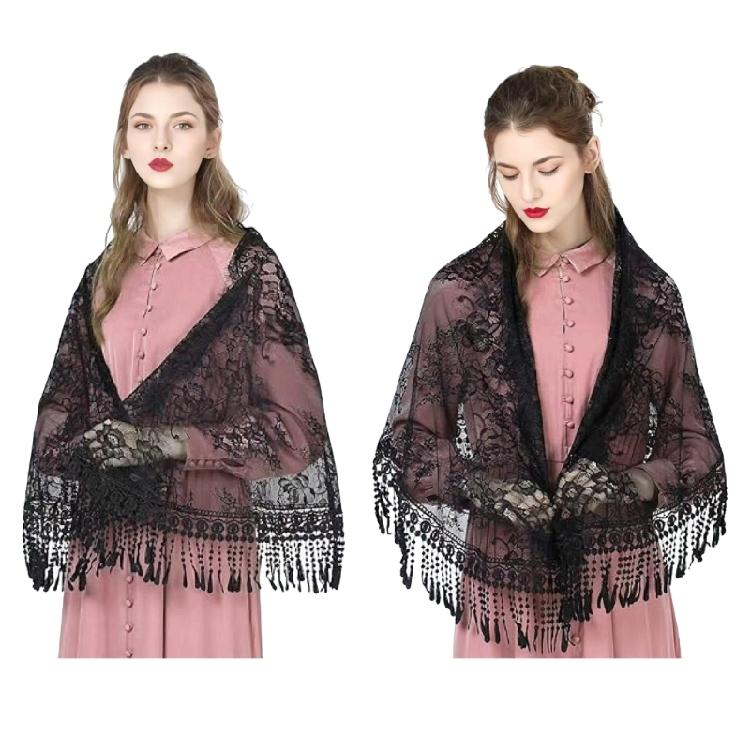 Woman Mantilla Floral Veil Lace Mantilla Veil Tasseled Shawl Headwear Mantilla