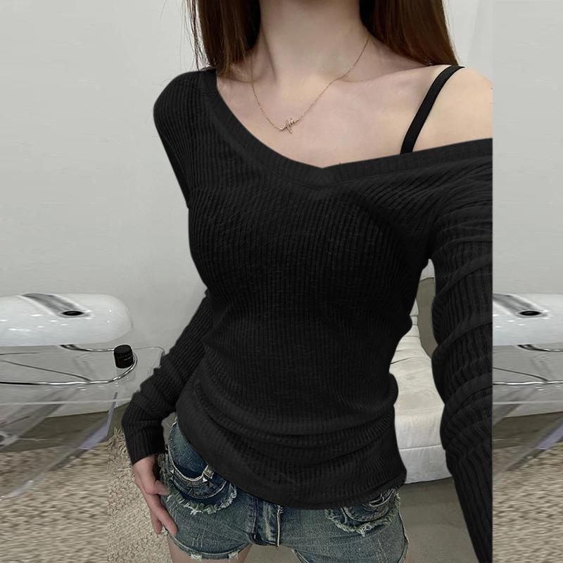 

ZANZEA Женские повседневные прозрачные футболки с длинным рукавом и V-образным вырезом M чёрный