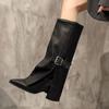 Women's Long Boots Fashion High Heels Pointed Toe Designer Knee High Leather Shoes Metal Belt Buckle 2026 Women Mujer Botas