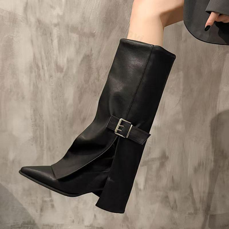 Women's Long Boots Fashion High Heels Pointed Toe Designer Knee High Leather Shoes Metal Belt Buckle 2026 Women Mujer Botas