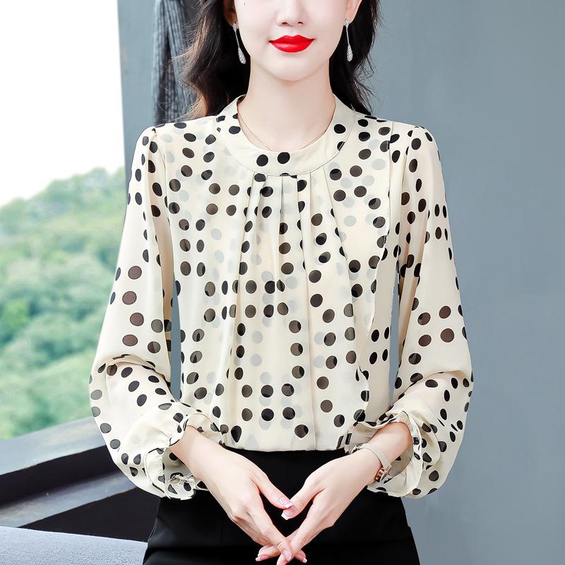Women's Autumn 2024 Polka Dot Chiffon Blouse: Chic, Age-Reducing, Loose Fit French Top