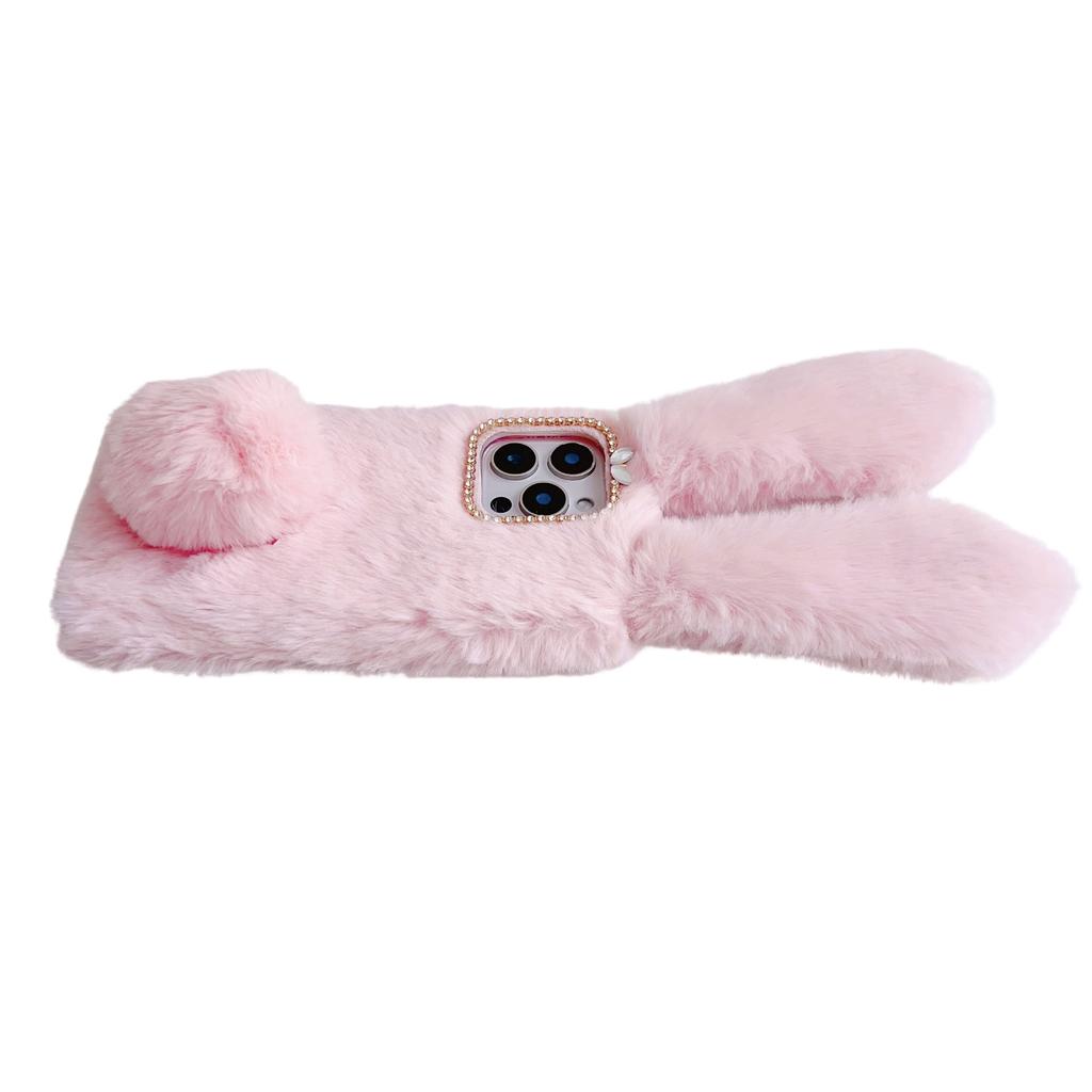 For iPhone 16 Pro Case Bunny Ears Furry Soft TPU Protective Phone Cover