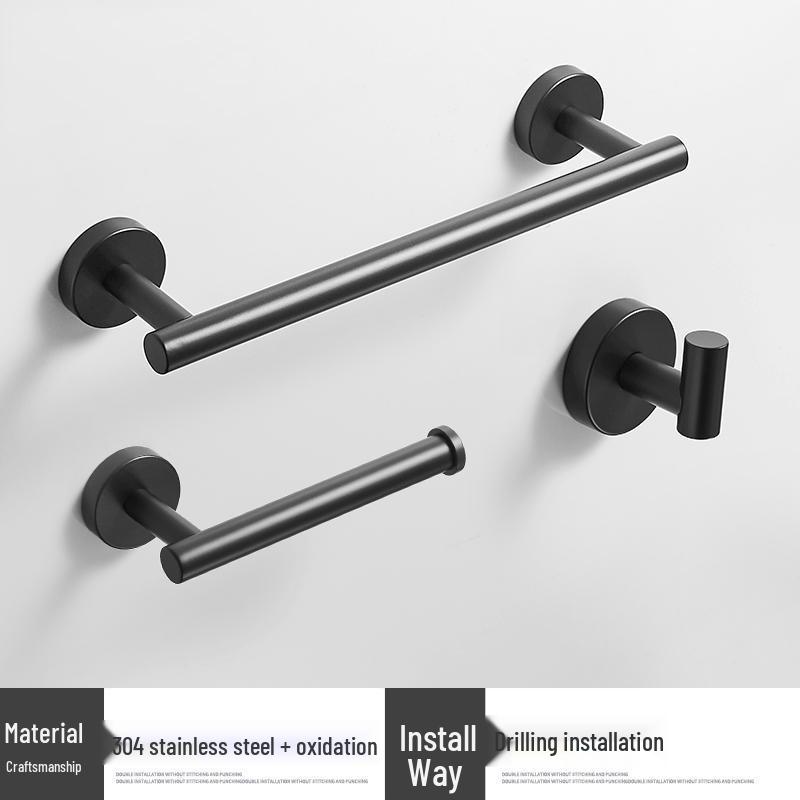 Stainless Steel Bathroom Set: Black Brushed Towel Rack, Coat Hooks, Toilet Paper and Tissue Holder, Towel Ring - Euro-American Style.