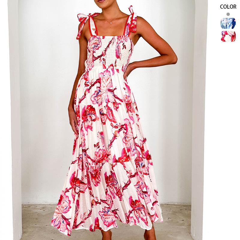 Spring and Summer Women's Clothing Suspender, Elastic Waist, Shoulder Strap, Big Pendulum, Long Printed Dress, Skirt Women