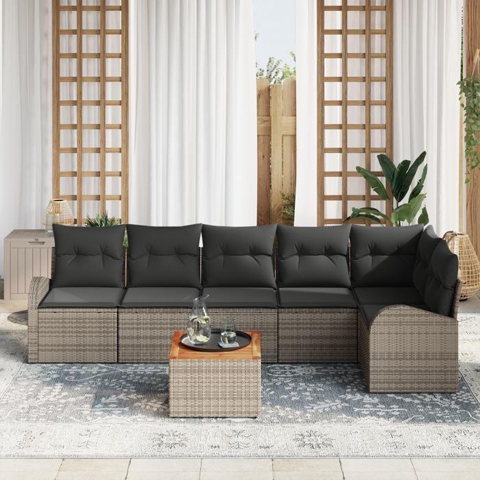 VidaXL Ensemble de canapés de jardin 7 pièces avec coussins gris poly rattan acacia 3347587