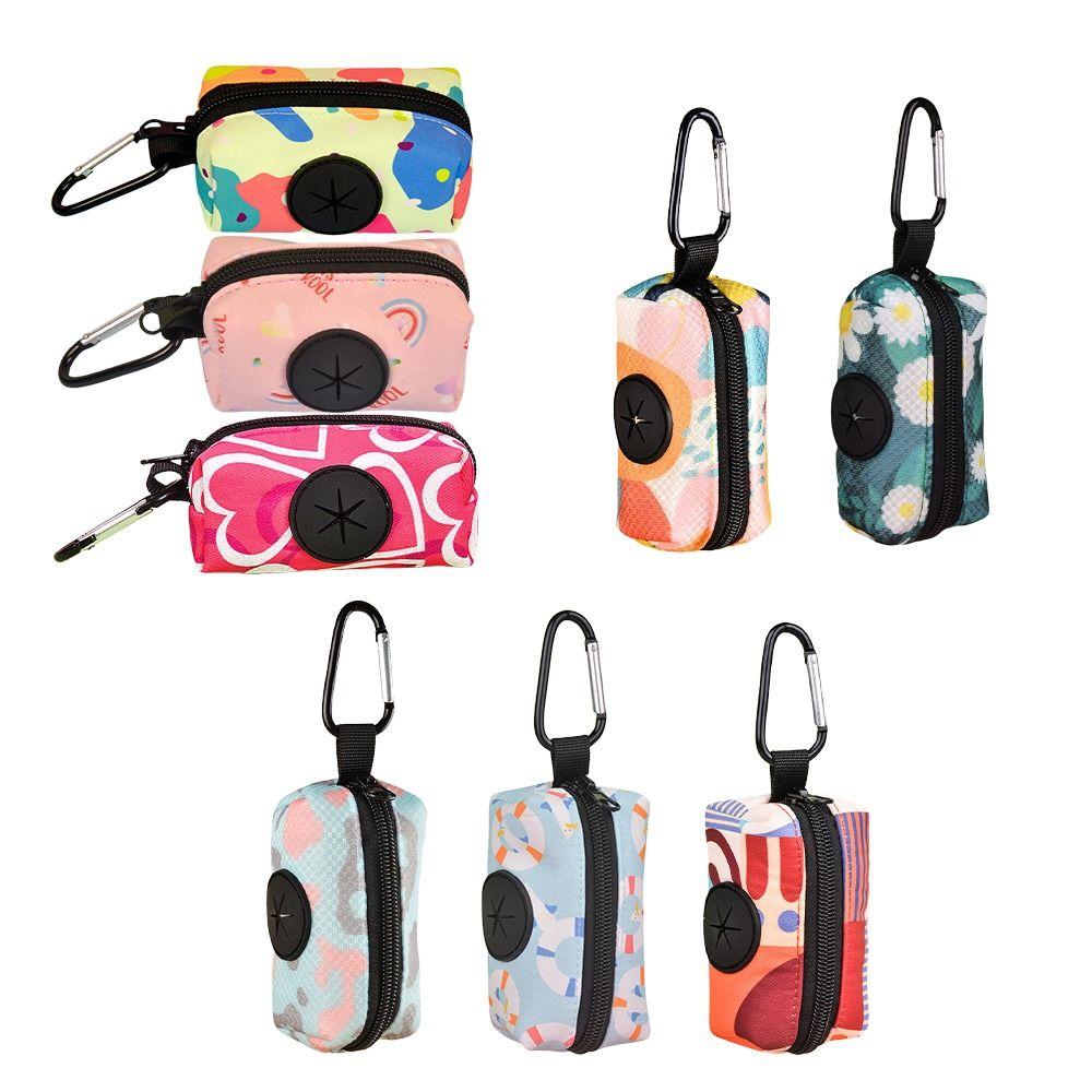 Colorful Print Dog Poop Bag Dispenser Hangable with Buckle Waste Bag Organizer Zipper Garbage Bags Dispenser Pet Supplies
