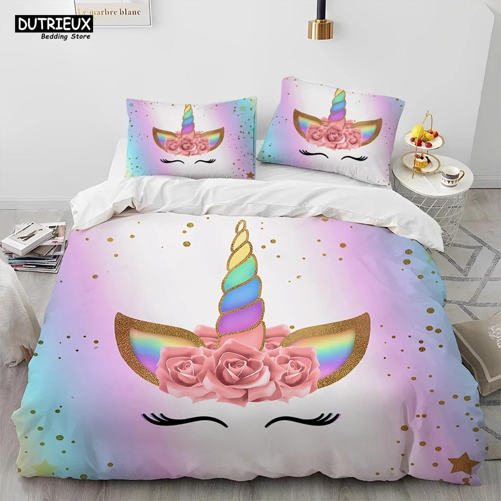 Einhorn Niedlich Cartoon Bettdecke Bettwäsche Set,Bettbezug Bett Set Bettdeckenbezug Kissenbezug,Queen Bettwäsche Set