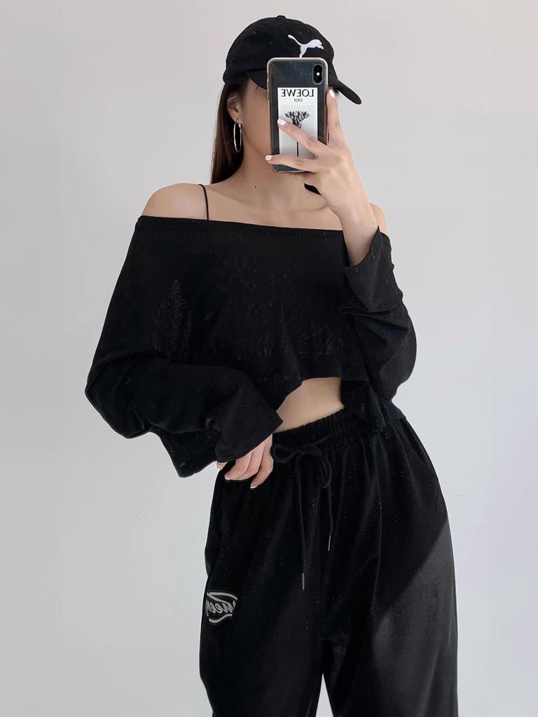 Yuoku Kort Lös Lång Streetwear Dans Hip Jazz Damtopp, Hoodie, Passform, Tunn, Genomskinlig, Ärmar, Pullover, Lager-på-lager, Midriff-exponerande, Kostym,