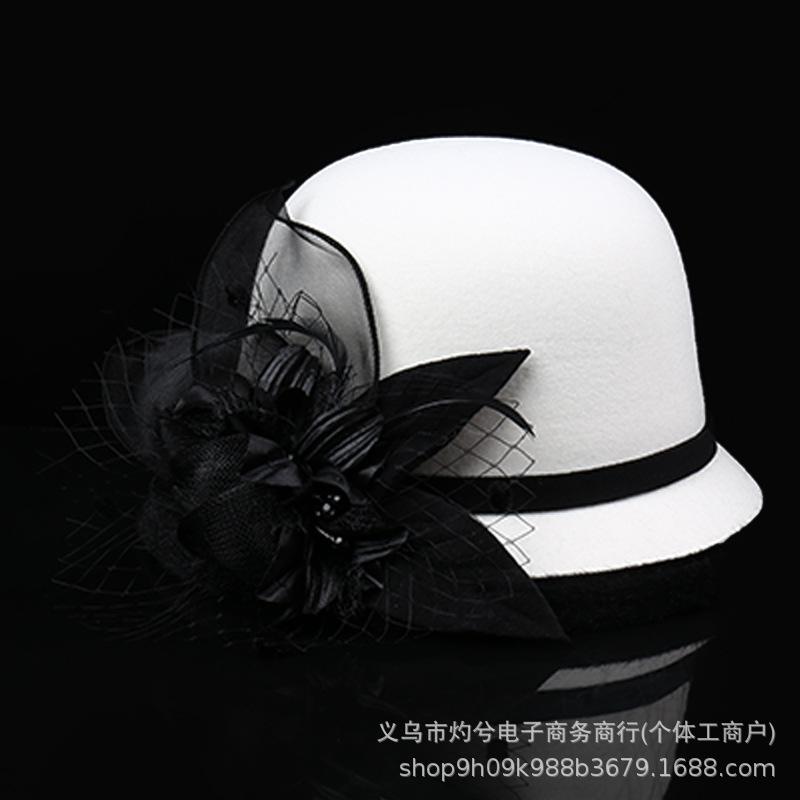 Autumn and winter woolen hat British retro top hat women's dome fashion hat pot hat flower decoration literary and retro