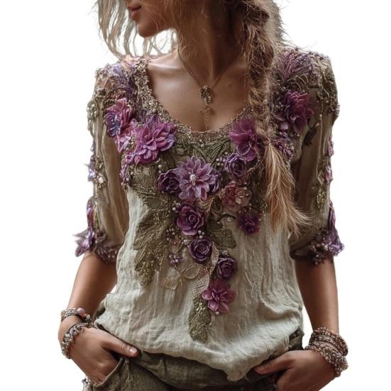 Women Tops Round Neck Short Sleeve Pullover Tops Loose Fit Faux Pearls 3D Floral