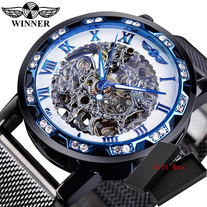 Winner Top Brand Golden Watches Men Skeleton Mechanical Watch Crystal Mesh Slim Stainless Steel Band Luxury Hand Wind Wristwatch