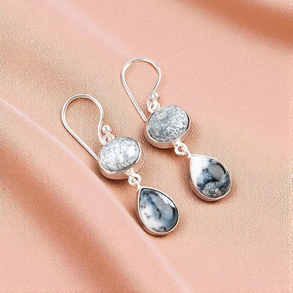 Rare Dendritic Opal Gemstone 925 Sterling Silver Jewelry Handmade Earrings 1.88" EE-73-14