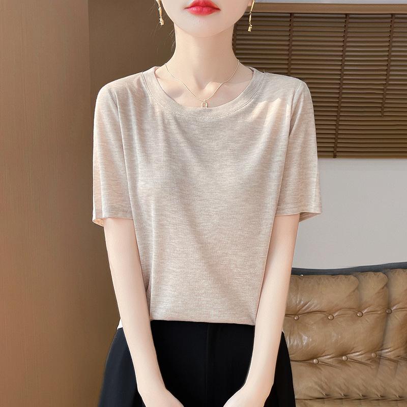 New Fine Knit Short Sleeve T Shirt Women Summer Round Neck Thin Top Casual  Tee