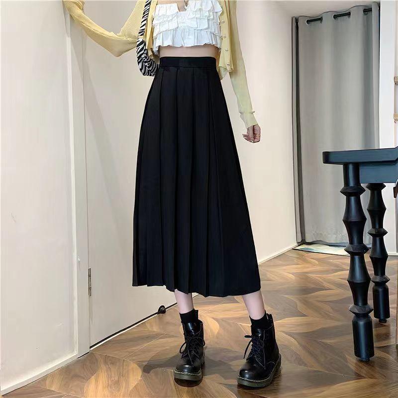 Fusta lungă maro vară modă coreeană cu talie înaltă fustă midi neagră femei elegante linie A fete fuste plisate gri primăvară