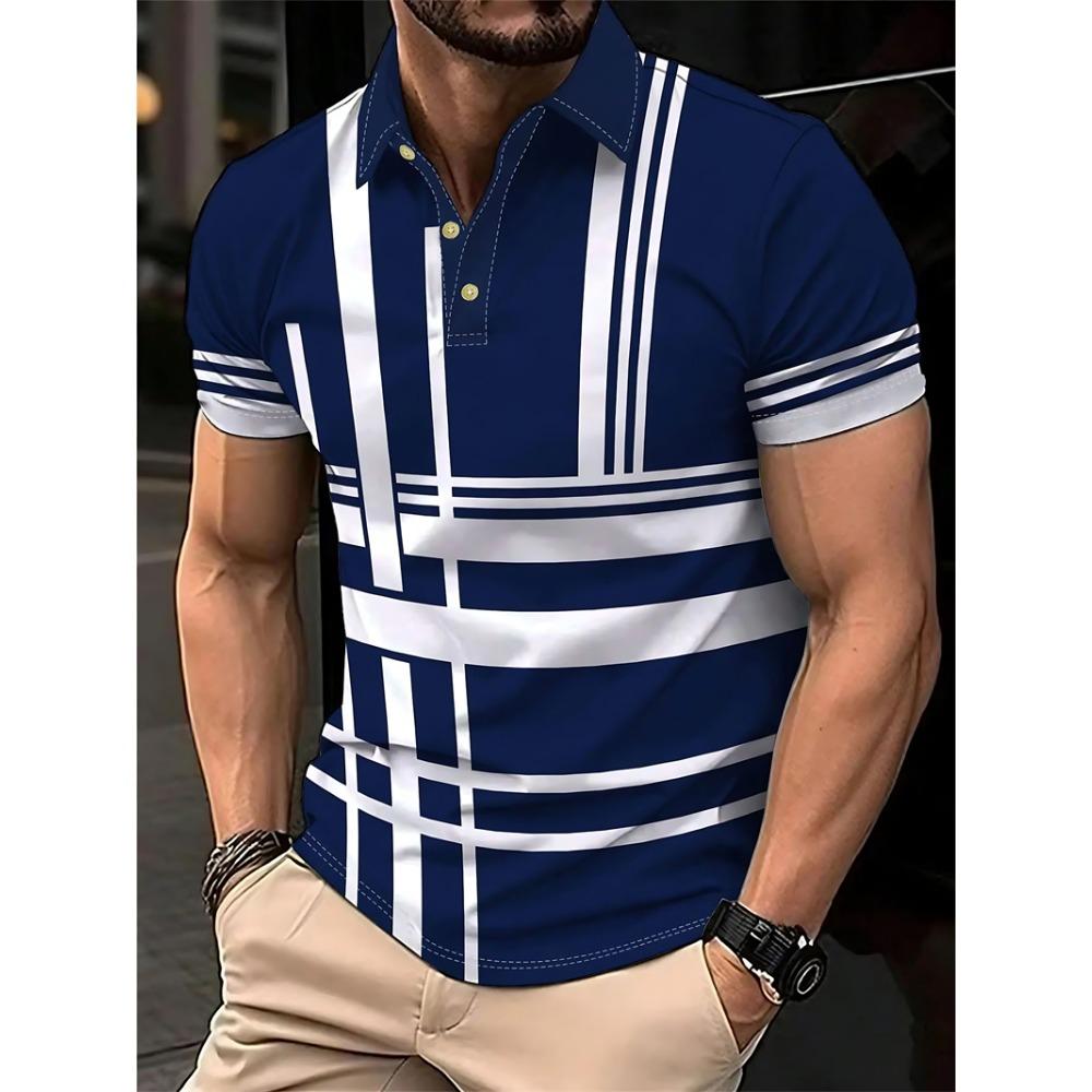Simple Striped Polo Shirts For Men Summer Casual Short Sleeve 3D Printed Business Polo Shirt Loose Breathable Daily Wear Tees
