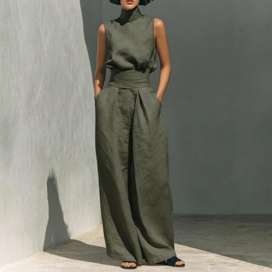 Women's Faux Linen Summer 2 Piece Outfit Sleeveless Stand Collar Top And Wide Leg Pants Matching Lounge Set with Pockets