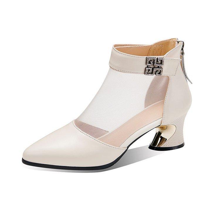 Cizme plasă pentru femei, cu toc gros gol, cu vârf ascuțit, sandale plasă respirabile, noi, versatile, cu toc înalt gros, cizme cool pentru vară 2025