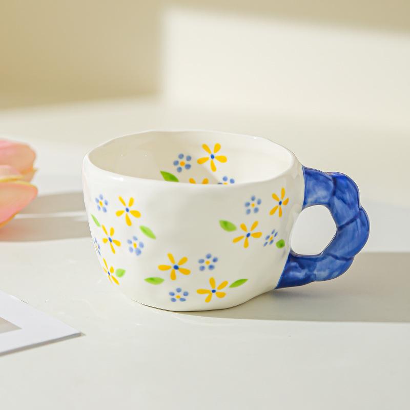 Retro Hand Painted Flowers Handmade Irregular Cute Cup Ceramic Coffee Cup Design Sense Coffee Cup Household Water Cup