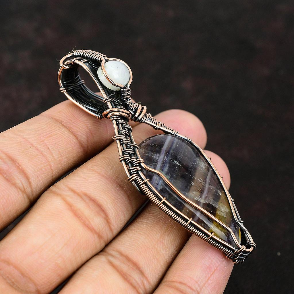 Multi Fluorite Pendant Copper Wire Wrapped Jewelry Rainbow Moonstone Gemstone Pendant Copper Wire Wrap Pendant Handmade Jewelry Gift For Her