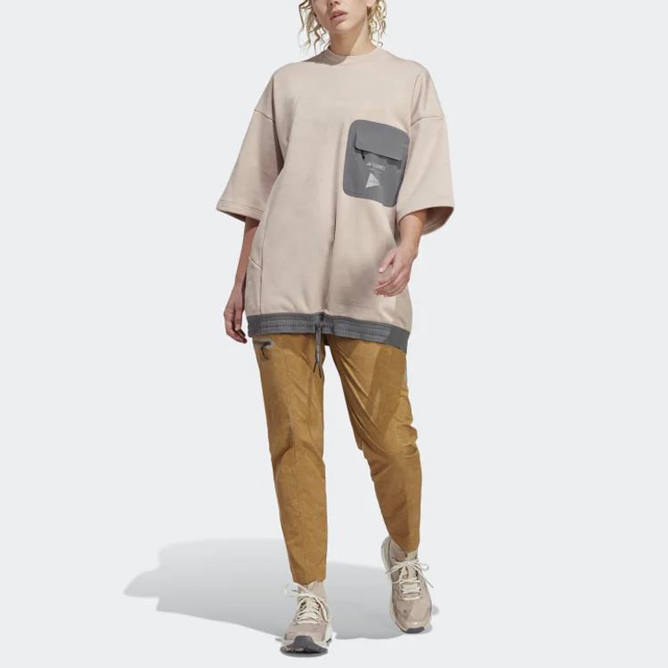 adidas Terrex And Wander Fleece Tunic Color Block Pocket Loose Round Neck Three Quarter Sleeve Sweatshirt Women Sweatshirt Magical-Gray-Brown HR7137